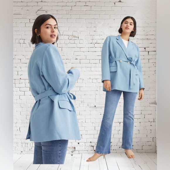 NWT H&M Light Blue Linen Belted Blazer Jacket Oversized Lined Size XSmall - Picture 4 of 16